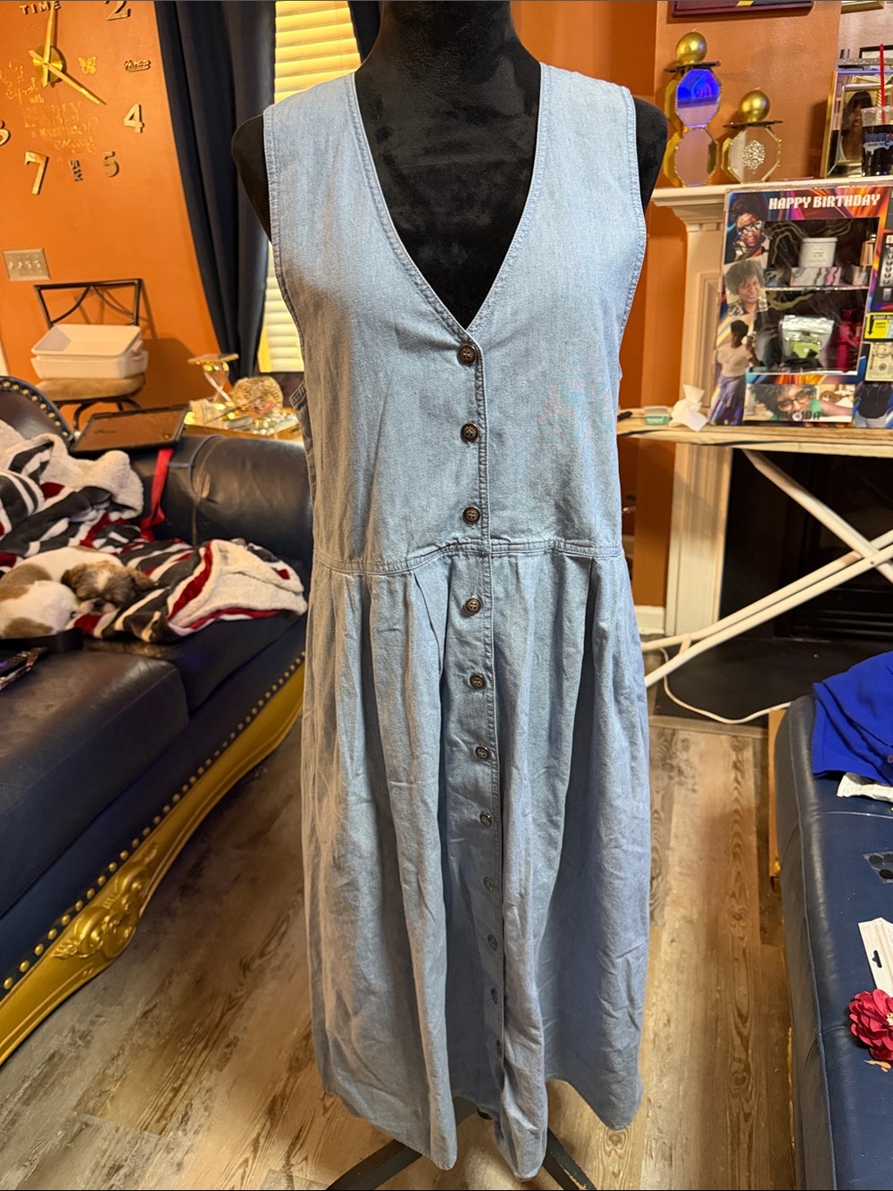 Karen Scott Light Blue Denim Button-Front Sleeveless Dress
